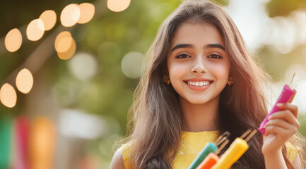 Canvas Print - happy indian girl holding colorful crackers