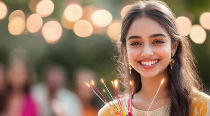 Canvas Print - happy indian girl holding colorful crackers