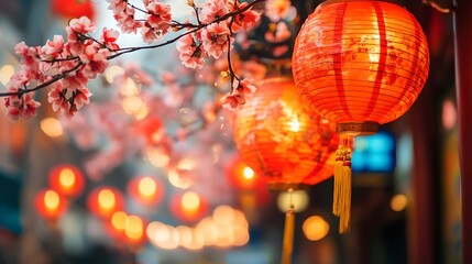 Wall Mural - vibrant and colorful chinese new year lanterns adorned with spring floral designs and bright red the