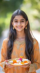 Sticker - young indian girl holding pooja thali on diwali festival