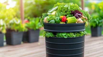 Canvas Print - A black bucket filled with vegetables on a wooden deck, AI