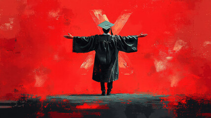 A graduate in a cap and gown stands with arms outstretched in front of a large 'X' painted on a red wall.