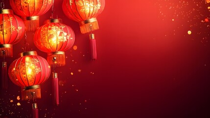 Wall Mural - vibrant red backdrop with colorful decorative chinese lanterns symbolic patterns and traditional des