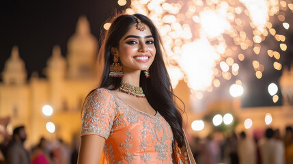 Sticker - young indian woman celebrating diwali festival at home