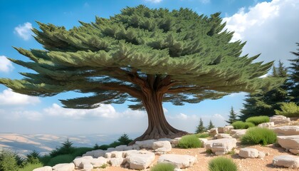 Wall Mural - Majestic Cedar of Lebanon Towering Against a Clear Blue Sky with Scenic Hillside View