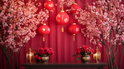Wall Mural - vibrant spring themed lunar new year backdrop with cherry blossoms and festive lanterns celebrating 