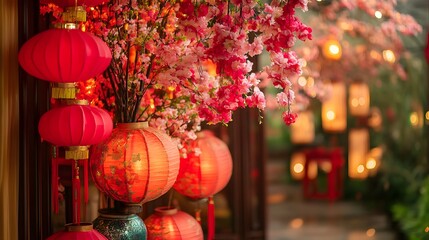 Wall Mural - colorful and auspicious chinese new year spring themed featuring vibrant red lanterns intricate flor