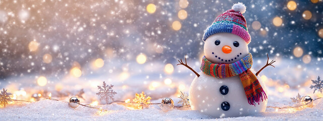 Wall Mural - Cute snowman standing in snow with festive christmas lights in background