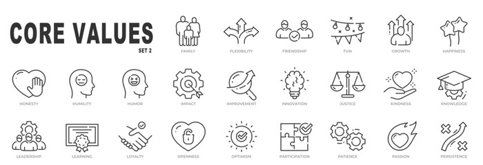 Set of core values related icons. Frendship, improvement, justice, kindness etc. Editable stroke. Set 2