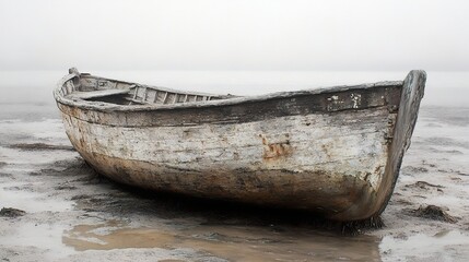 Wall Mural - Old Wooden Boat on a Foggy Beach