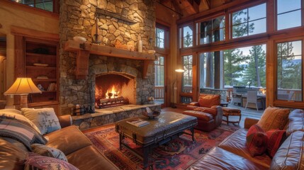 Canvas Print - Cozy Cabin Living Room with Stone Fireplace