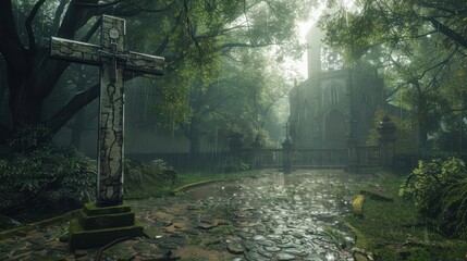 Serene Abandoned Church with Cross in Misty Forest