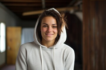 Wall Mural - Portrait of a grinning woman in her 30s sporting a comfortable hoodie over empty modern loft background