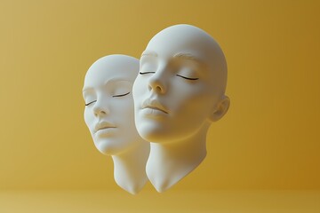 Canvas Print - Two white 3D faces with closed eyes against a yellow background.