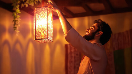 Canvas Print - young indian man hanging diwali lantern