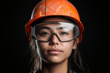 Sticker - A close-up portrait of a woman wearing an orange hard hat and safety glasses.