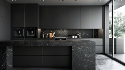 Poster - Modern Minimalist Kitchen with Black Marble Design