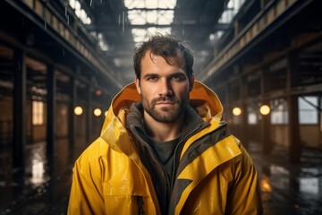 Sticker - Portrait of a content man in his 30s sporting a waterproof rain jacket over empty modern loft background