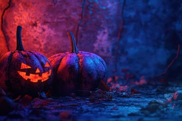 Two Carved Pumpkins Illuminated with Red and Blue Light