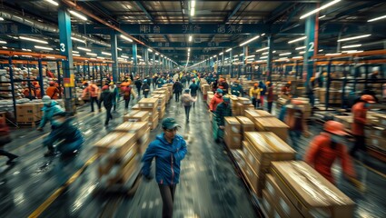 Bustling Warehouse. Wide-angle view of a busy warehouse interior with workers in colorful uniforms moving among stacked boxes and shelves.