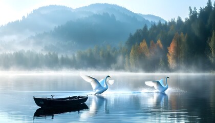 Wall Mural - Serene autumn scene of white swans gliding on Grundlsee waters, framed by misty mountains and colorful foliage