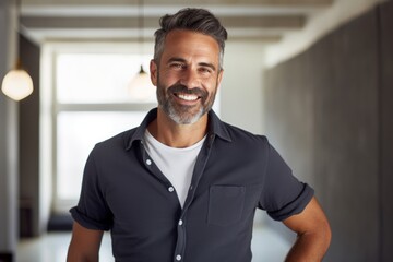 Portrait of a grinning man in his 40s donning a trendy cropped top isolated in empty modern loft background