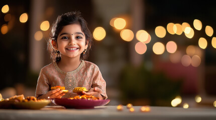 Poster - happy little india girl celebrating diwali festival at home