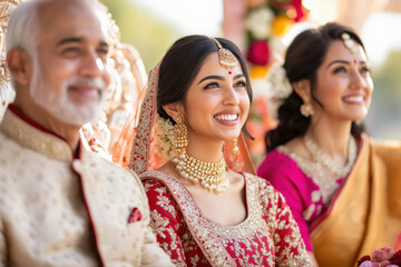 Wall Mural - happy indian bride standing with mother and father