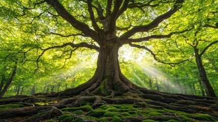 Majestic tree with sprawling roots and vibrant green leaves, illuminated by sunlight.