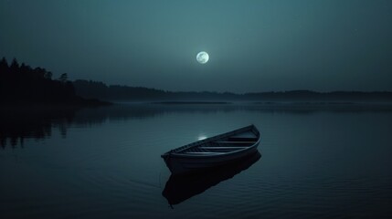 Poster - Serene Night Scene with Moon and Boat on Water