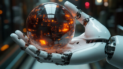 Canvas Print - A robotic hand holds a glowing orb with intricate circuitry.