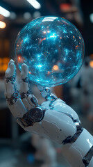 Canvas Print - A robotic hand holds a glowing orb, showcasing the power of technology.