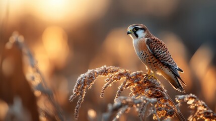 a falcon calmly perches on a piece of wheat, its form beautifully accentuated by glowing sunlight, s