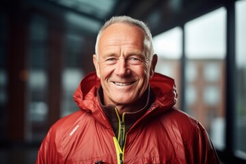 Wall Mural - Portrait of a smiling man in his 60s wearing a windproof softshell isolated on empty modern loft background