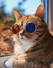 Cool Tabby Cat Wearing Sunglasses by the Window