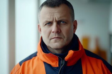 Canvas Print - Serious man in an orange jacket looking at the camera.