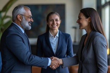 Group of diverse business people shaking hands, finishing up a deal or meeting. Businessman and businesswoman in formal suits handshake and congrats together at, Generative AI