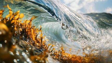 Wall Mural - a close-up of a wave with seaweed floating in the water, the plants adding a natural
