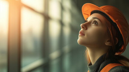 Wall Mural - A woman wearing a hard hat and orange safety vest looks out the window