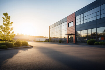 Modern office building exterior with large glass windows reflecting sunlight during sunrise. Empty parking lot with trees and bushes surrounding the building