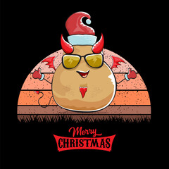 Wall Mural - vector funny cartoon cute demon potato with santa claus red hat, fangs, trident and red wings isolated on sun background. Childrens Merry Christmas greeting card with funny monster elf Santa Claus.