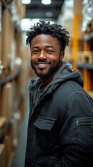 Smiling Black man in a warehouse