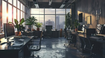 Canvas Print - Modern Office Interior with City View and Natural Light