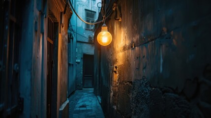 Wall Mural - Glowing Light in Dark Alleyway at Dusk