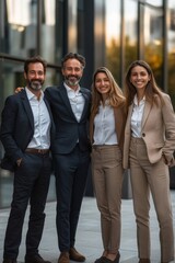 Business people standing in front of modern office and posing for a photo, Generative AI