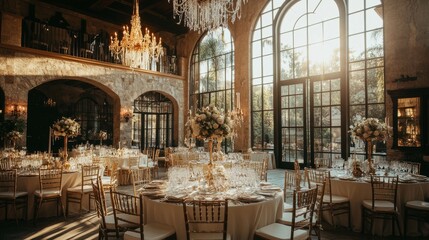 Wall Mural - High-end reception room featuring grand chandeliers and beautiful table settings, with sunlight streaming through clear windows3330cefa22b2