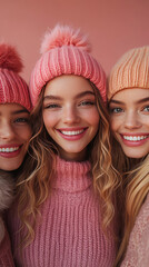 Wall Mural - Three young women in pink knit hats smile for the camera.