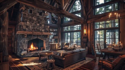 Canvas Print - Cozy Rustic Cabin Living Room in Forest Setting