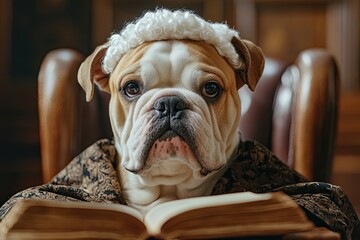 Wall Mural - French bulldog animal judge in court tribunal with is white curls wig