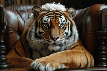 Tiger animal judge in court tribunal with is white curls wig